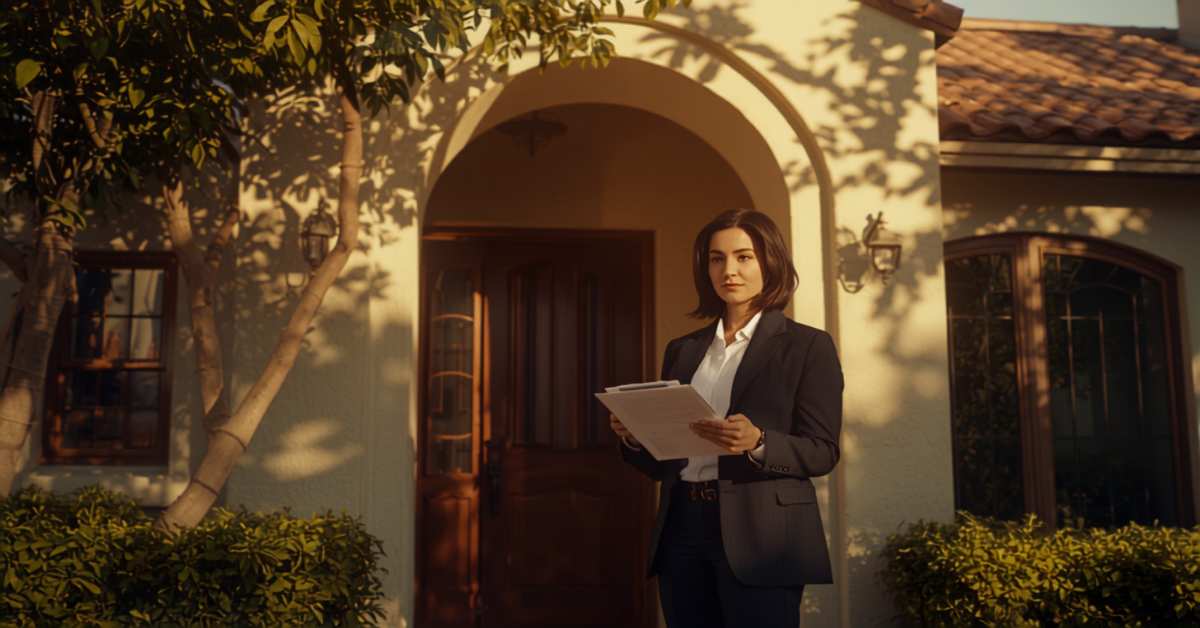 California heir reviewing inheritance advance paperwork with a home in the background