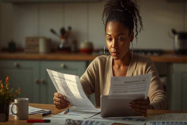 Woman reviewing paperwork at a kitchen table representing comparing probate advance offers