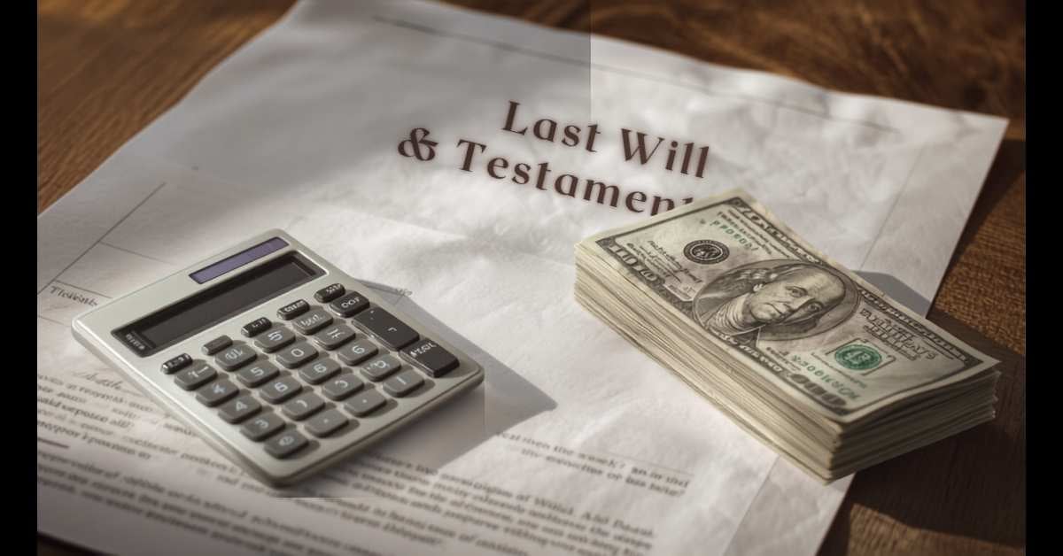 Calculator and cash next to estate paperwork representing calculating a probate advance fee