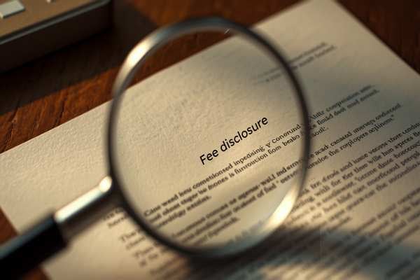 Magnifying glass over a fee disclosure document representing reviewing inheritance advance company terms
