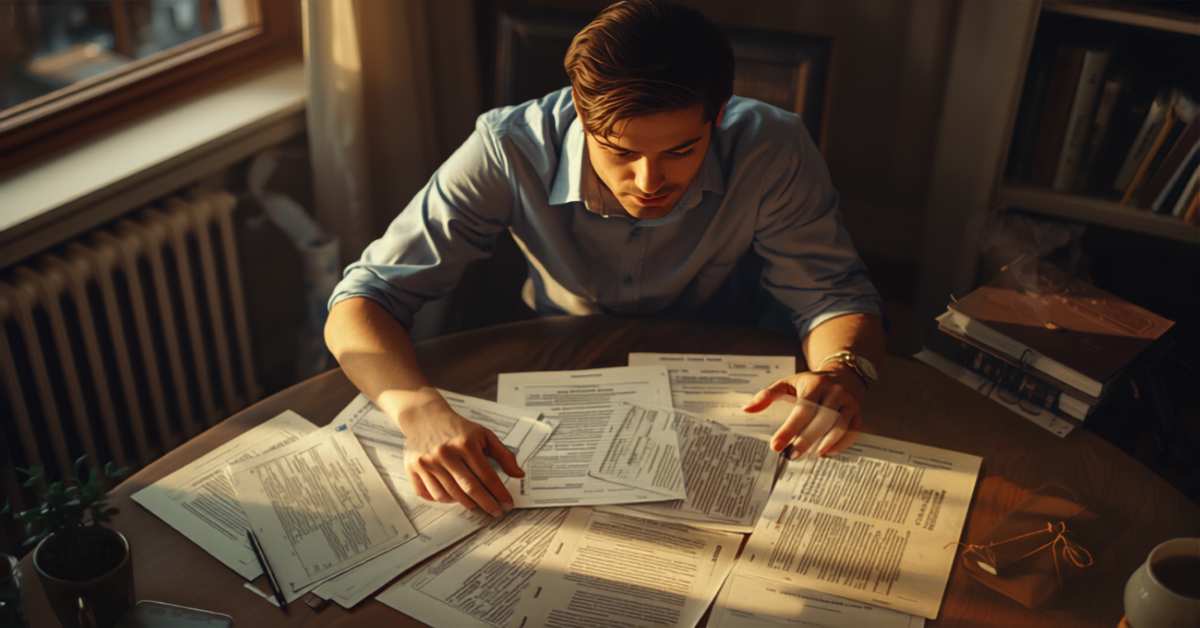 Person comparing paperwork from different inheritance advance companies at a desk