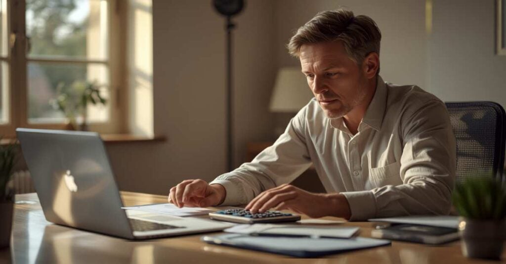 Heir reviewing probate advance paperwork and application documents at a desk