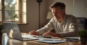 Heir reviewing probate advance paperwork and application documents at a desk