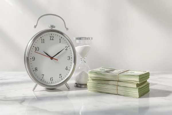 Clock beside cash representing how quickly probate advance funds are disbursed after approval