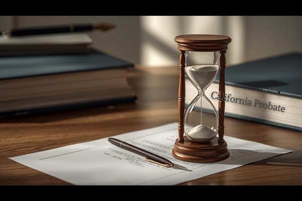 Hourglass with legal papers representing waiting for probate to conclude