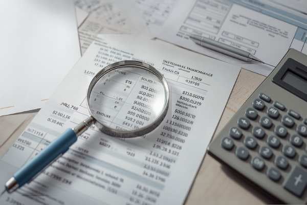 Calculator and magnifying glass over numbers representing inheritance advance cost calculation