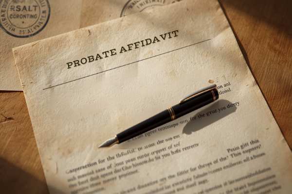 Small estate affidavit and probate paperwork on a desk for a Sacramento County probate case