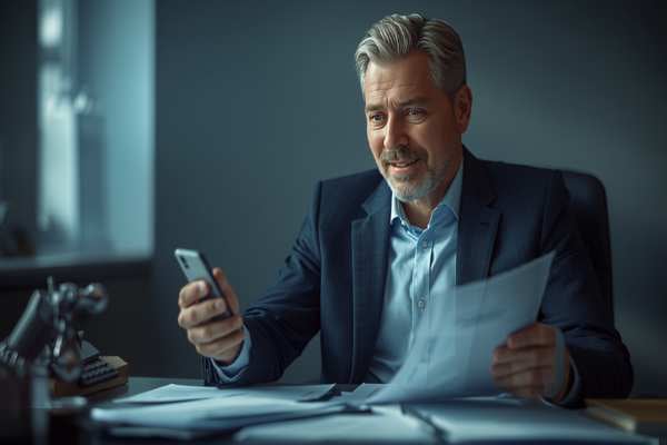 Professional reviewing documents while on a call, representing reapplying for a California probate advance after a denial