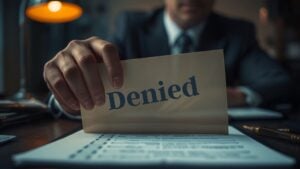 Close-up of hands reviewing a denied application document, representing a denied California probate advance application