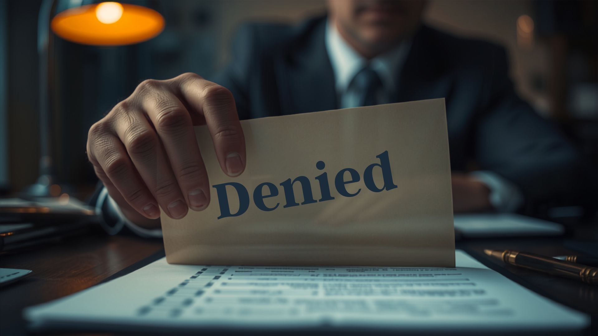 Close-up of hands reviewing a denied application document, representing a denied California probate advance application