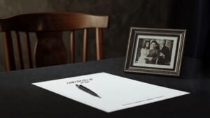 Family photo and estate documents on a table, representing a beneficiary who passed away before receiving their California inheritance