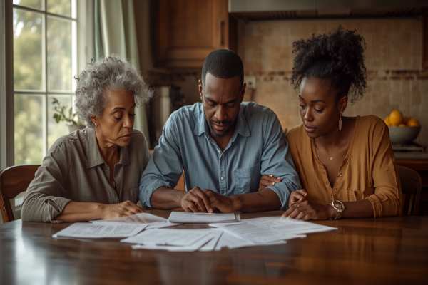 Family reviewing paperwork together representing heirs sorting out a California estate