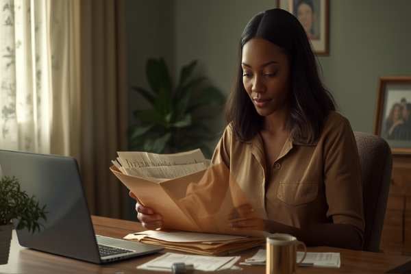Person organizing a folder of paperwork at a home desk for a probate inheritance advance application