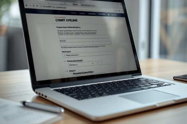 Laptop showing an e-filing website representing electronic probate filing in Merced County
