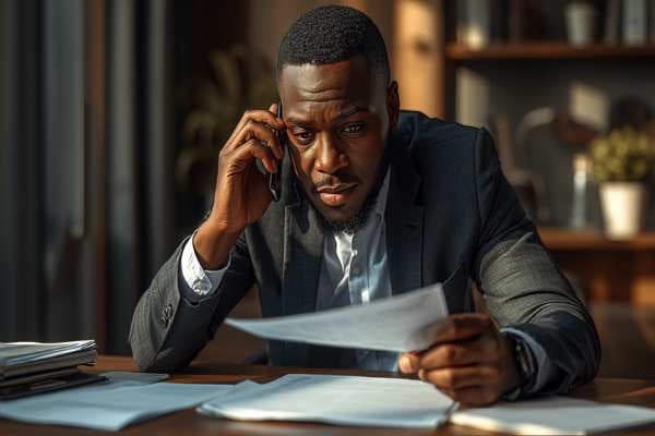 Person on the phone reviewing paperwork representing the inheritance advance application process
