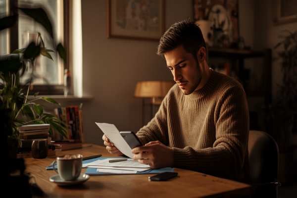 Person reviewing paperwork and a phone at home representing checking on a probate case status