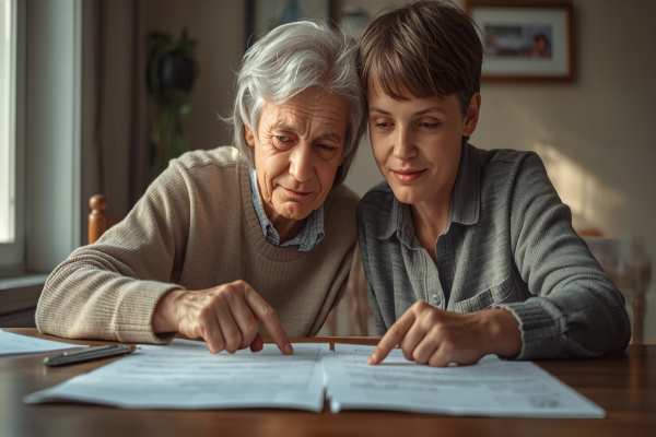 Family members reviewing probate paperwork together with help from a facilitator