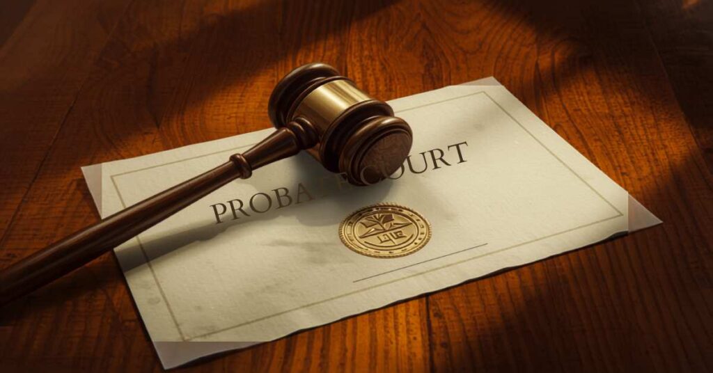 Gavel resting on a probate court certificate