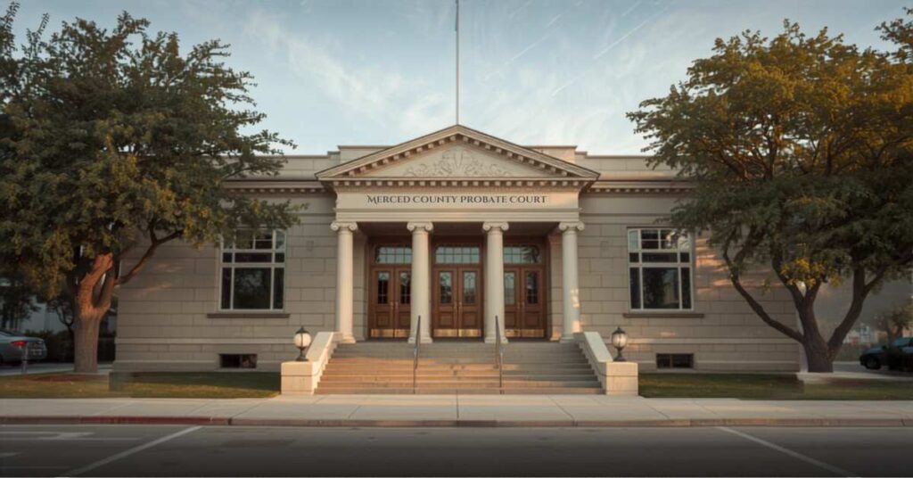 Merced County courthouse building where probate cases are filed and heard
