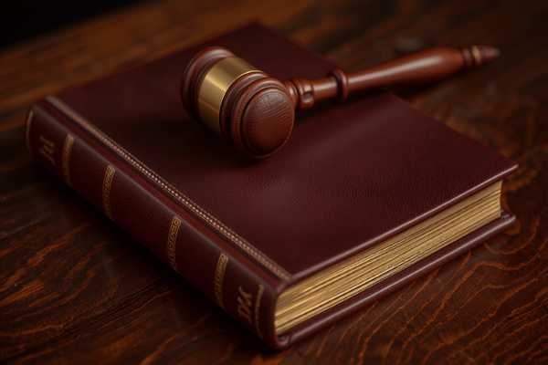 Closed leather-bound legal document book with a gavel on a desk