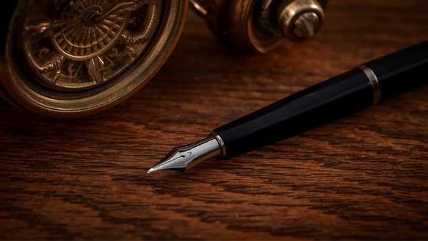 Vintage clock and fountain pen on a desk