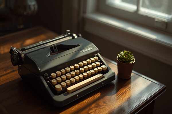 Vintage typewriter and small plant on a wooden desk