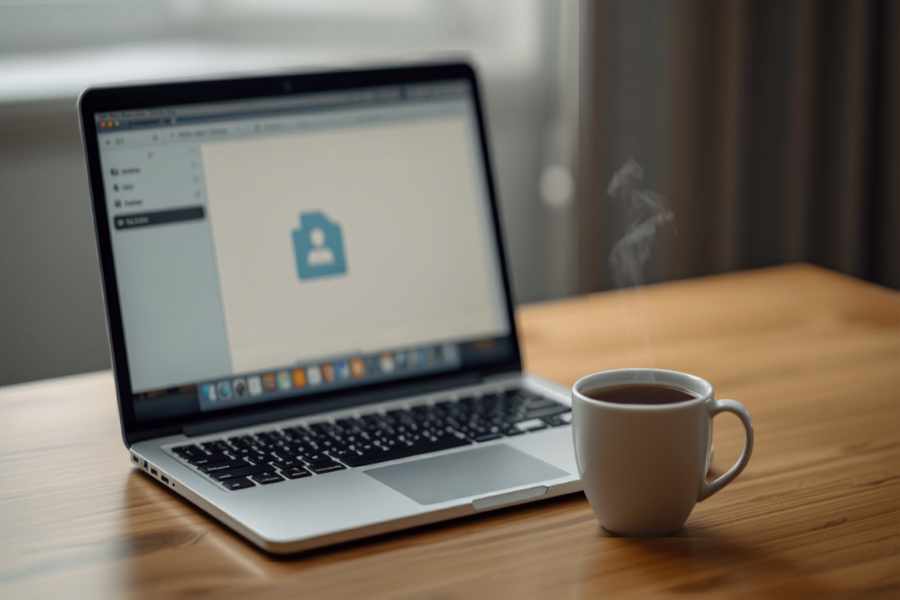 Laptop computer with document upload screen and coffee cup representing mandatory eFiling for Glenn County probate matters