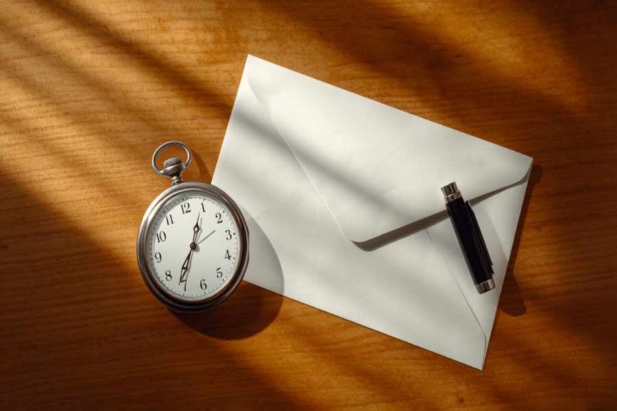 Pocket watch and blank envelope on a wooden desk representing a fast probate advance timeline