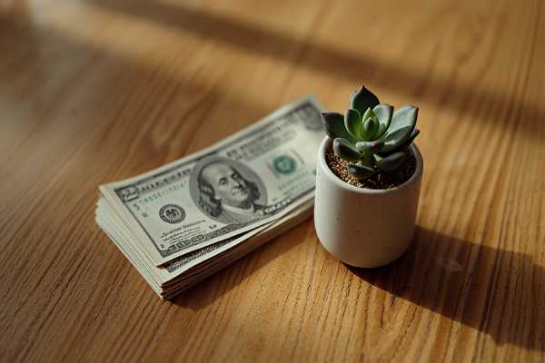 Stack of dollar bills next to a small succulent plant