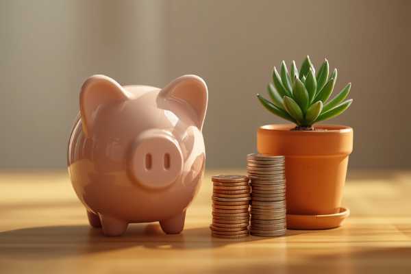 Piggy bank with coins and a small potted plant