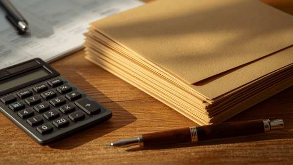 Legal folders, calculator, and pen on a desk representing calculating Merced County probate costs