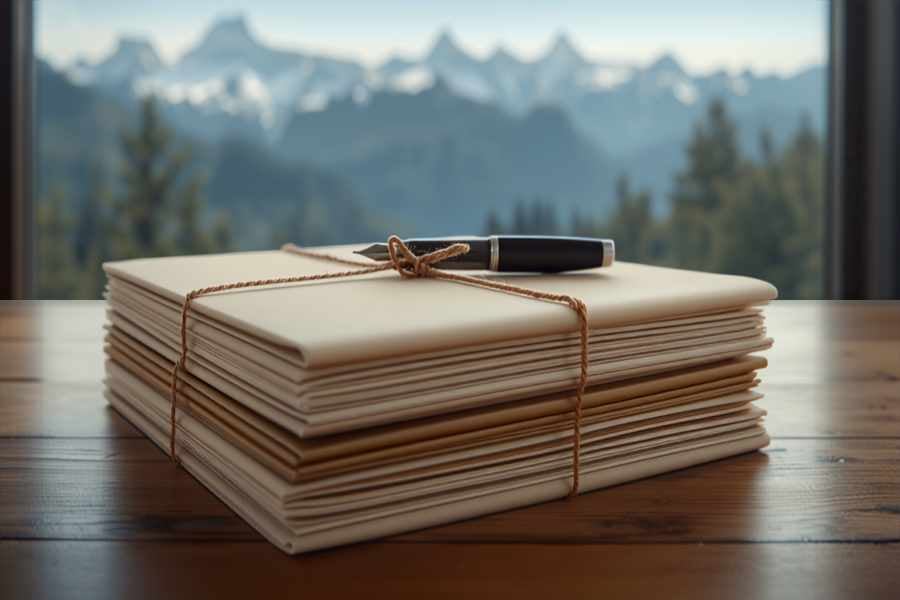 Stack of legal folders tied with twine on a wooden desk with mountain view