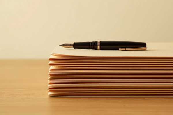 Stack of manila file folders with a fountain pen