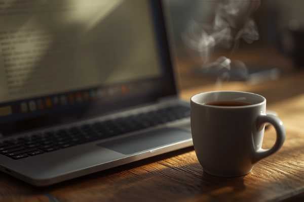 Laptop and coffee cup on a desk representing online case access