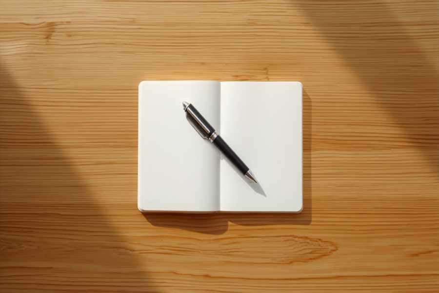Open notepad and pen on a wooden desk representing preparing for a Plumas County probate hearing