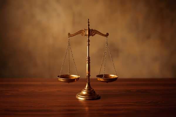 Brass scales of justice on a dark wood desk