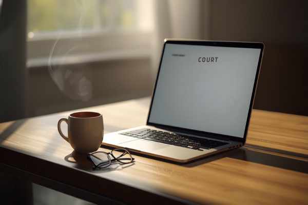 Laptop, coffee, and reading glasses on a desk representing tracking a probate case online