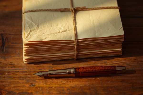 Bundle of legal documents tied with string next to a fountain pen on a wooden desk