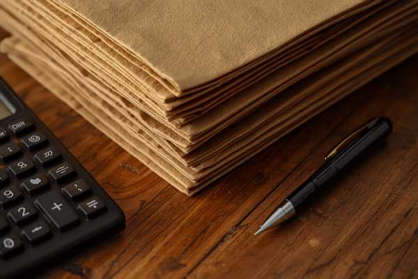 Stack of legal folders with a calculator and pen on a desk