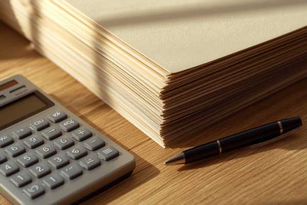 Stack of legal folders with a calculator and pen on a desk