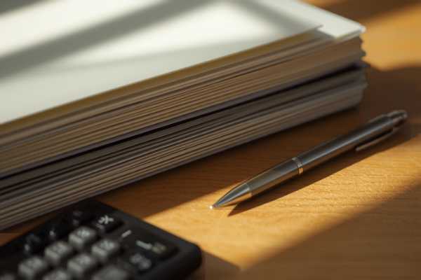 Stack of legal folders with a calculator and pen on a desk