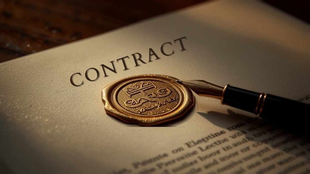 Signed legal contract with a gold wax seal and fountain pen, representing the binding non-recourse terms of a California probate advance agreement