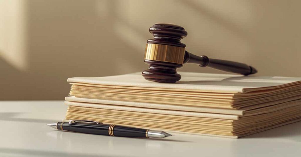 Gavel resting on a stack of legal document folders with a pen, representing the legal limits on an executor's authority in California probate