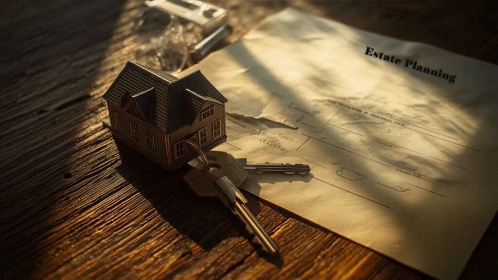 House keys resting on a small model home next to estate documents