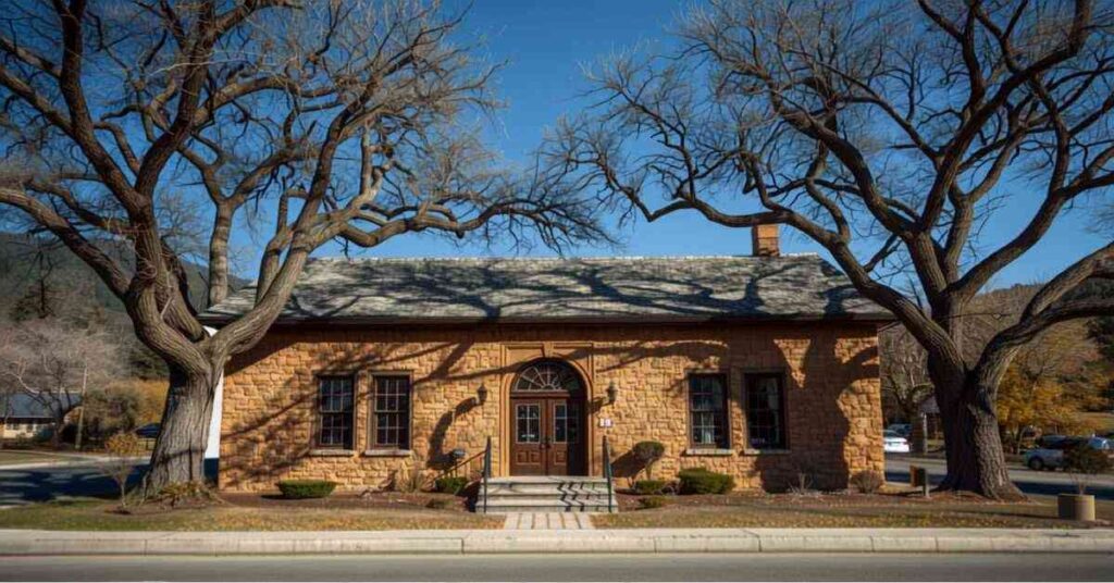 Small-town government building exterior with oak trees