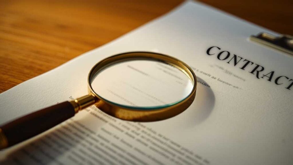 Magnifying glass resting on a contract document