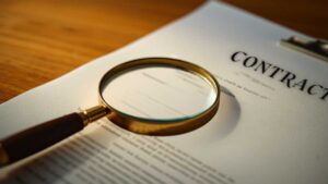 Magnifying glass resting on a contract document