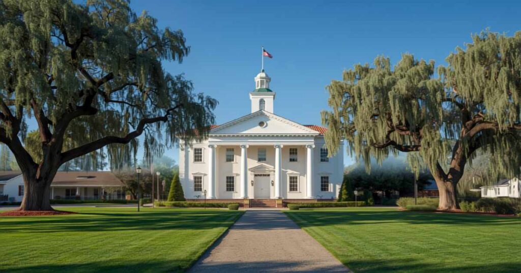 Historic white colonial-style Colusa County courthouse surrounded by mature trees