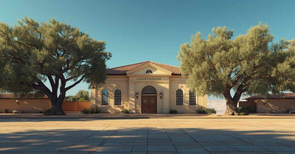 Small rural California courthouse exterior with mature trees representing Glenn County probate court
