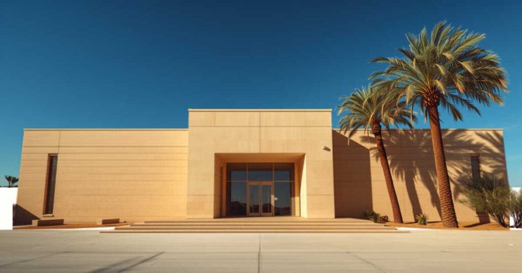 Modern courthouse exterior with palm trees